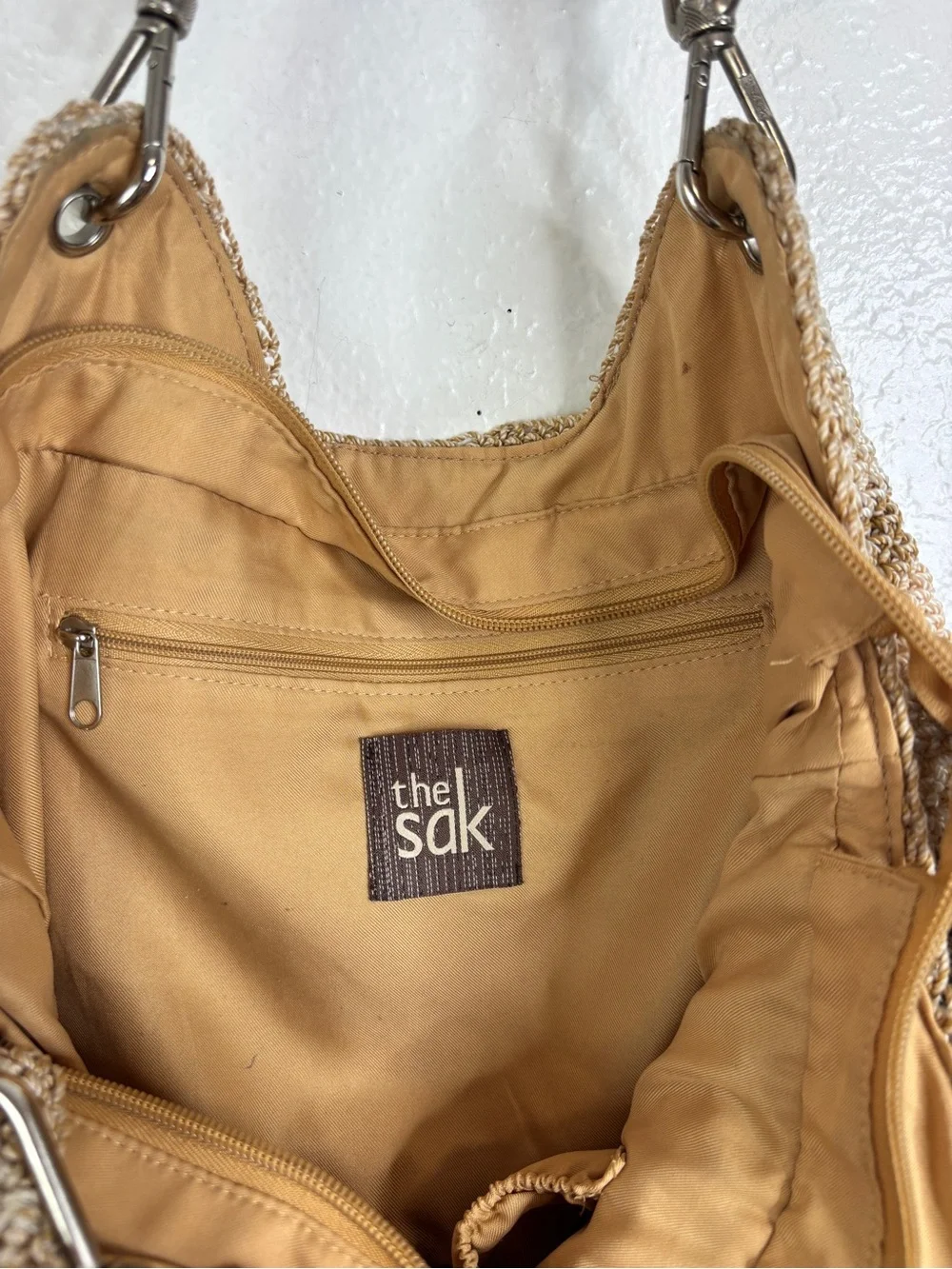 THE SAK Striped Crochet Leather Strap Hobo Purse Shoulder Bag Brown Cream